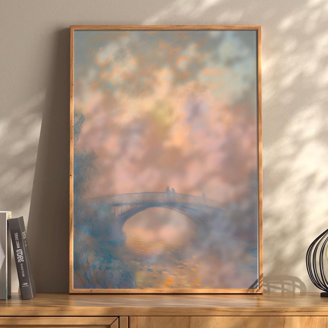 Dreamy Impressionist Bridge Over Water Sunset Pink Blue Poster