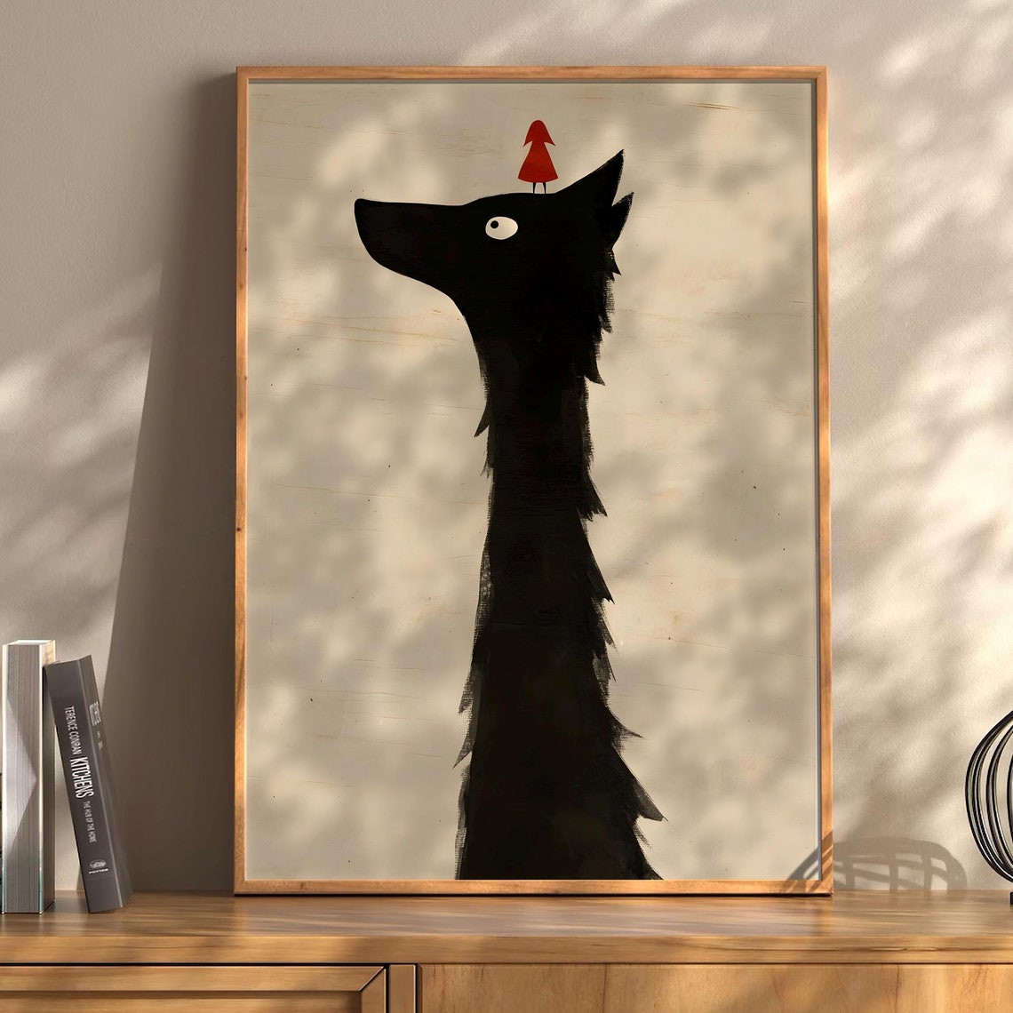Giant Black Wolf With Tiny Red Hood Girl Illustration Poster