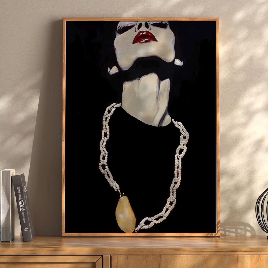 Glamorous Woman Red Lips Pearl Necklace Fashion Portrait Poster