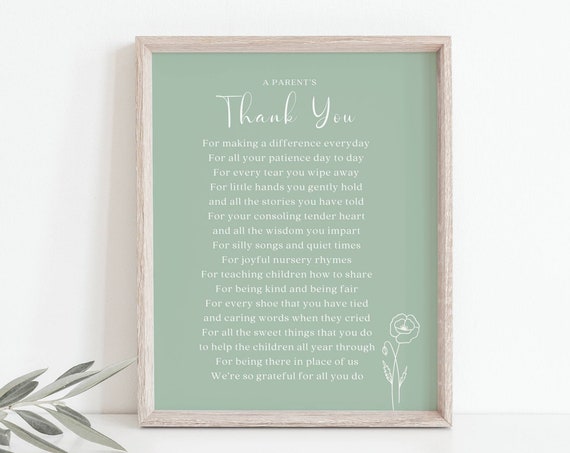 Parents Thank You Poem, Sage Green Nursery Art Print