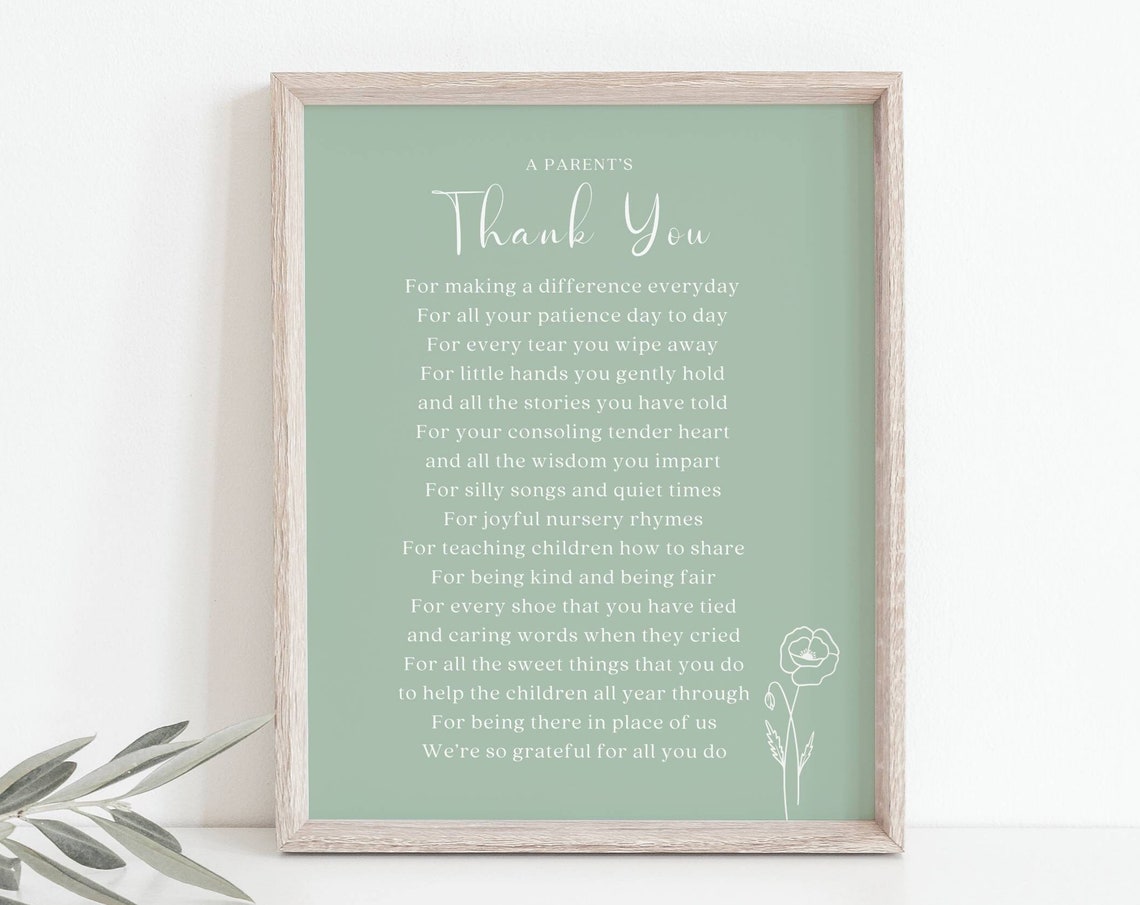 Parents Thank You Poem, Sage Green Nursery Art Print