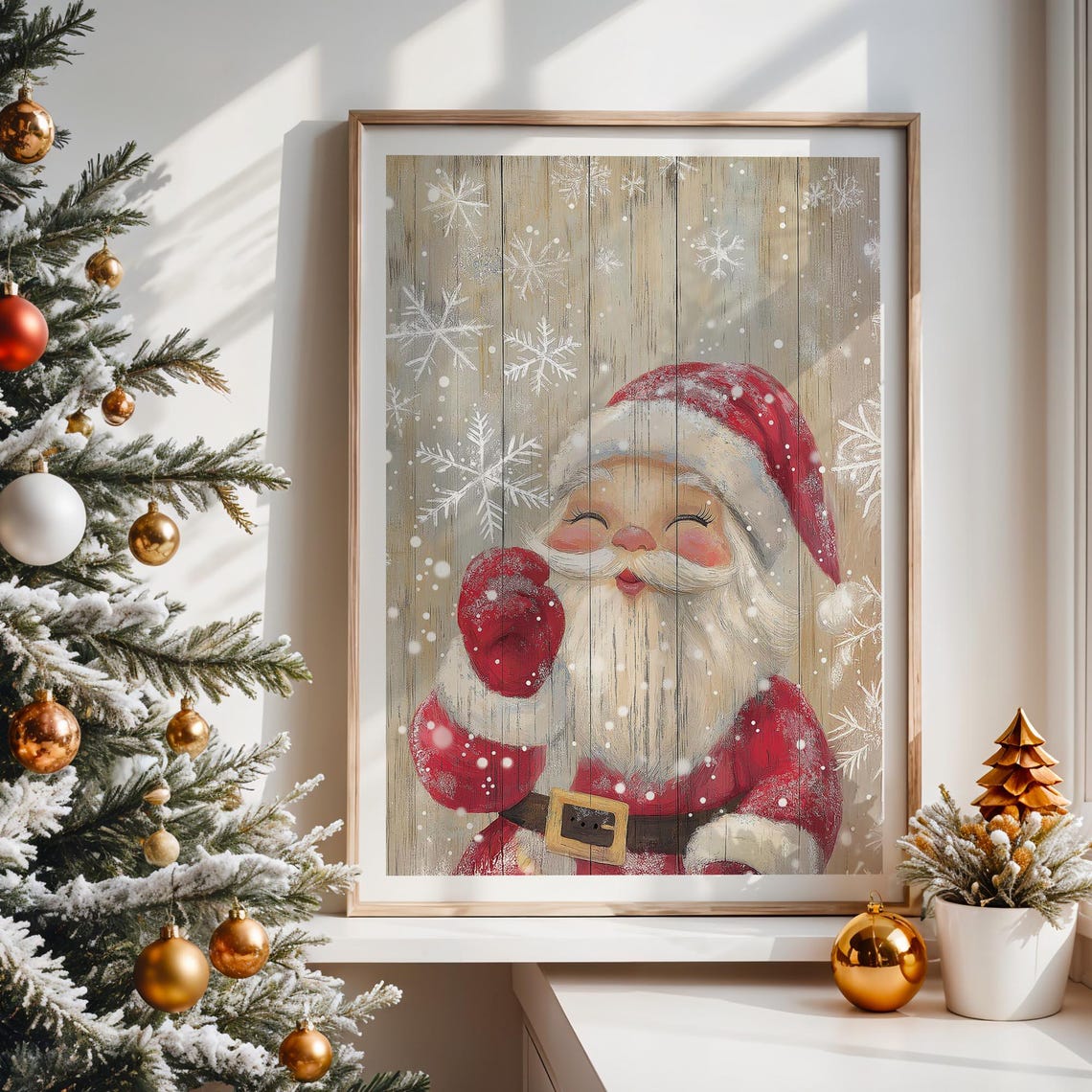 Cute Waving Santa Claus Rustic Wooden Plank Snowflake Nursery Wall Art - Image 5