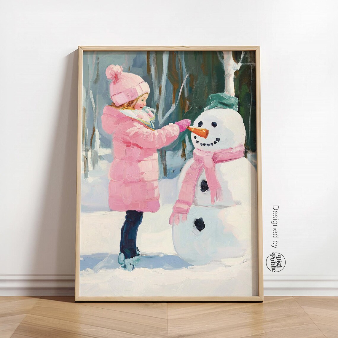 Girl Building Snowman In Pink Coat Winter Scene Kids Room Decor Poster
