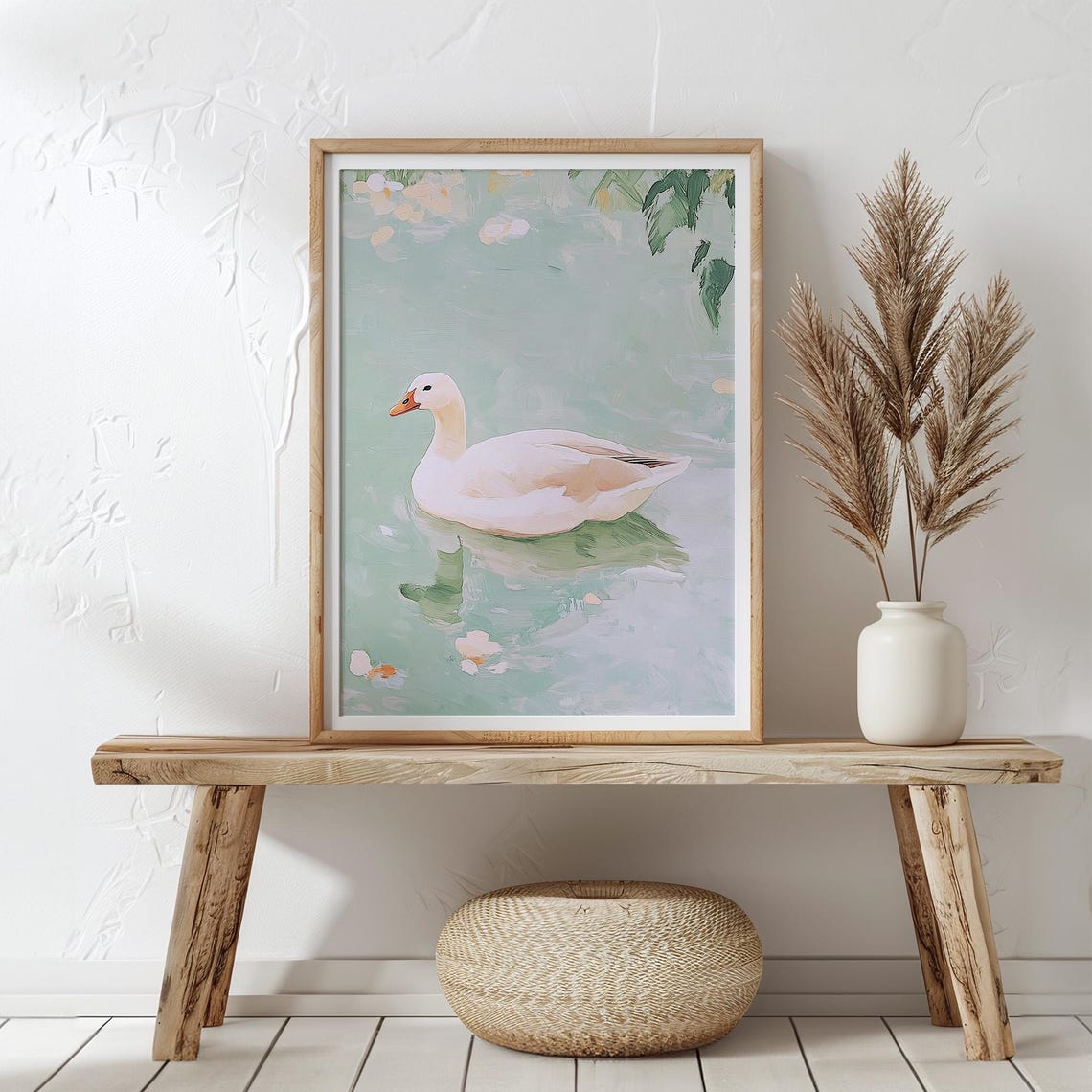 White Duck On Sage Green Pond Painterly Nature Beautiful Wall Poster - Image 3