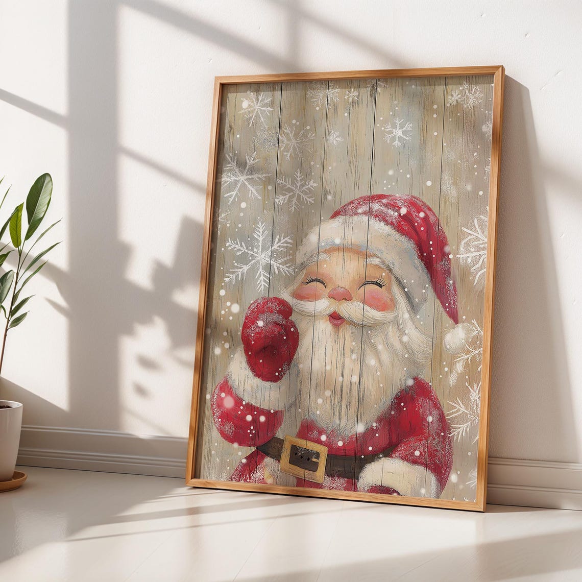 Cute Waving Santa Claus Rustic Wooden Plank Snowflake Nursery Wall Art - Image 2