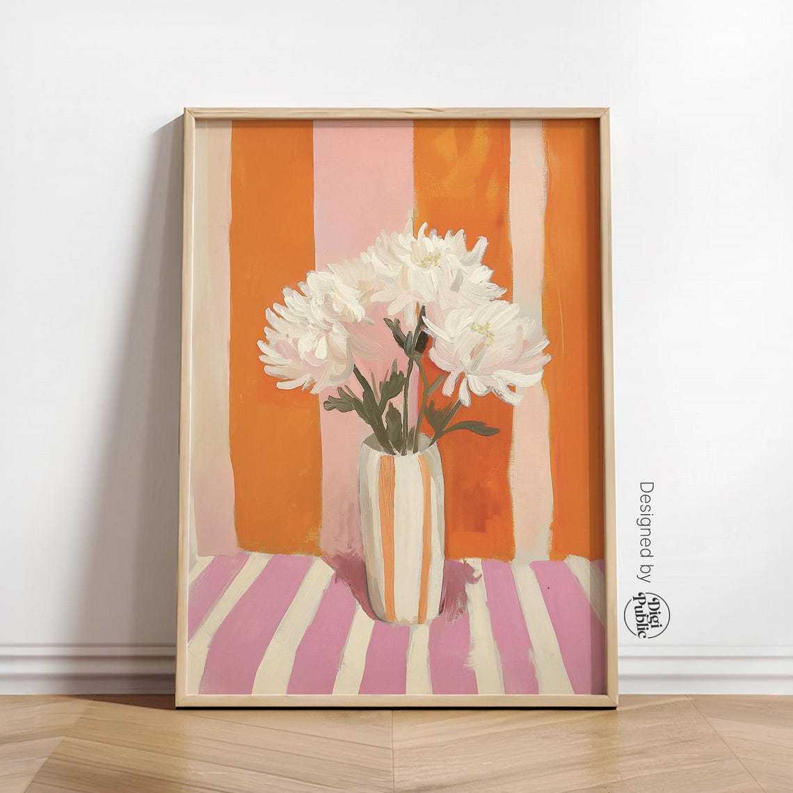 White Flowers Vase on Orange Striped Poster Bold Floral Still Life