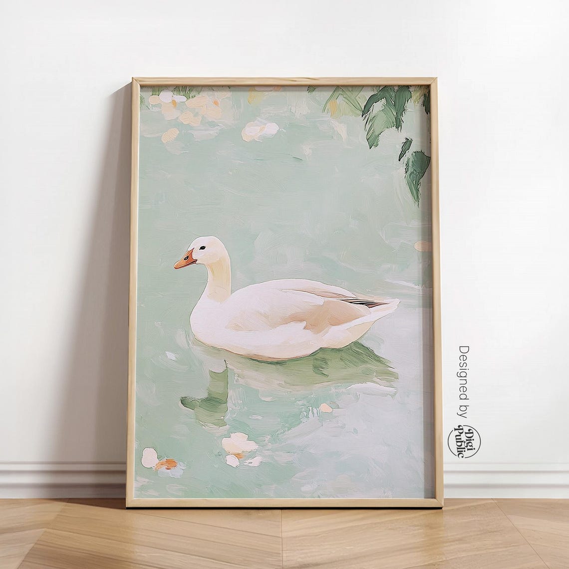 White Duck On Sage Green Pond Painterly Nature Beautiful Wall Poster