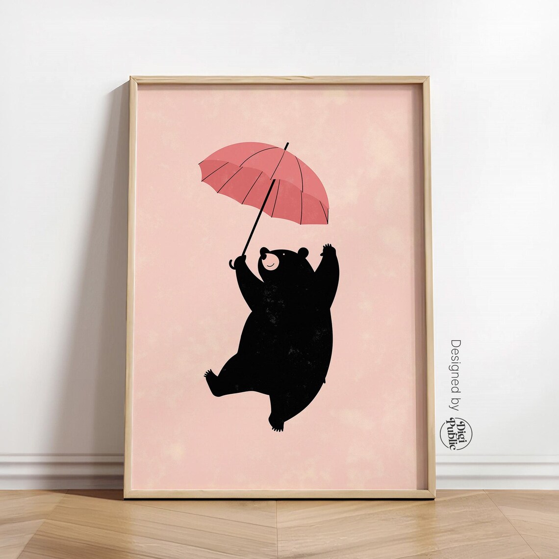 Black Bear Floating With Pink Umbrella Whimsy Art Nursery Room Decor Poster