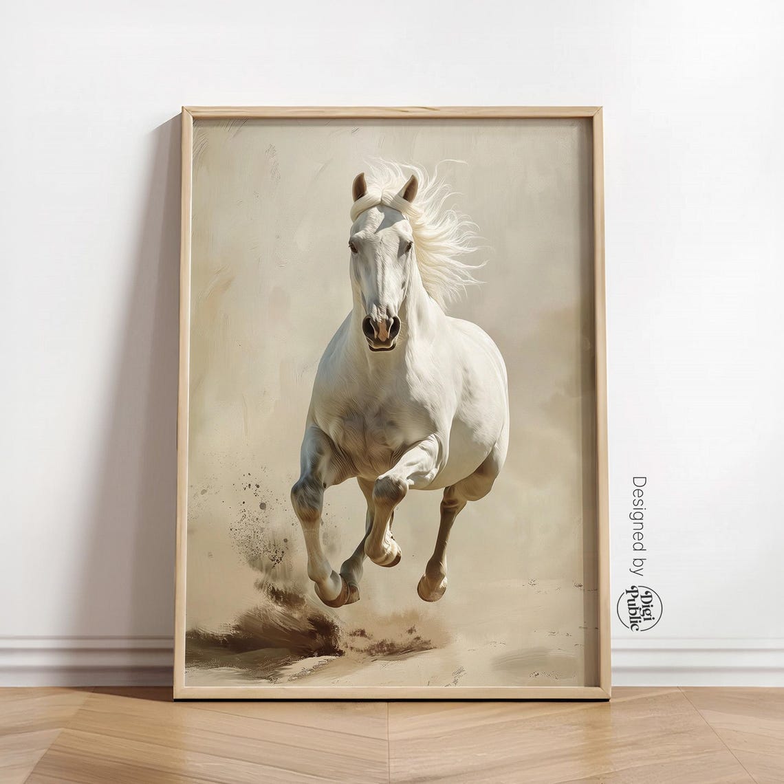 White Horse Running Forward Poster on Beige Elegant Equestrian