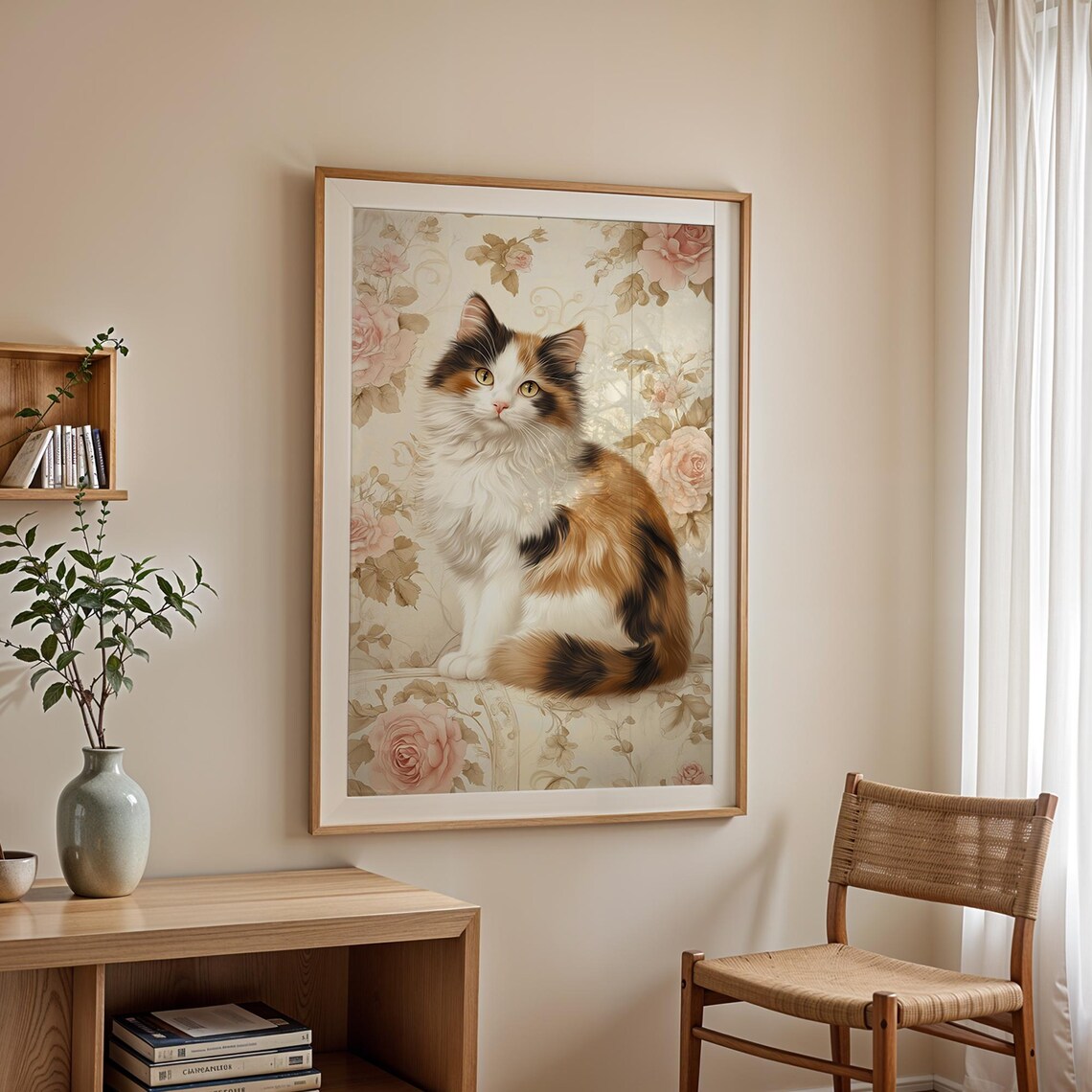 Vintage Calico Cat Portrait Roses Floral Elegant Home Nursery Wall Art - Image 2