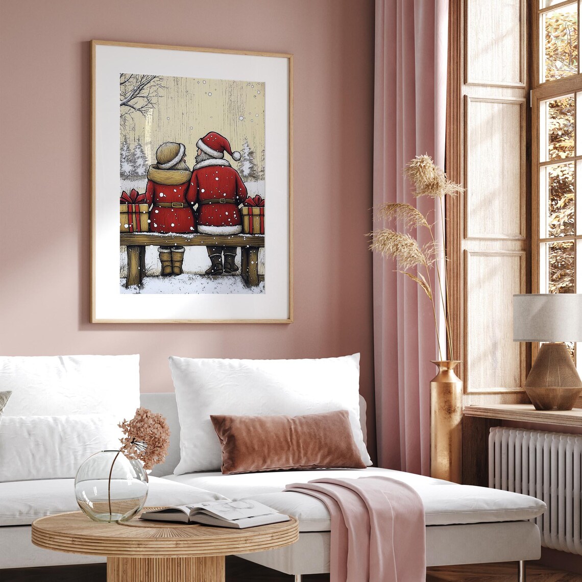 Santa and Mrs Claus on Snowy Bench Romantic Vintage Christmas Wall Art - Image 3