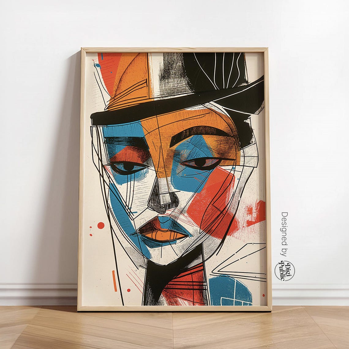 Abstract Geometric Cubist Face Blue Orange Modern Portrait Wall Art