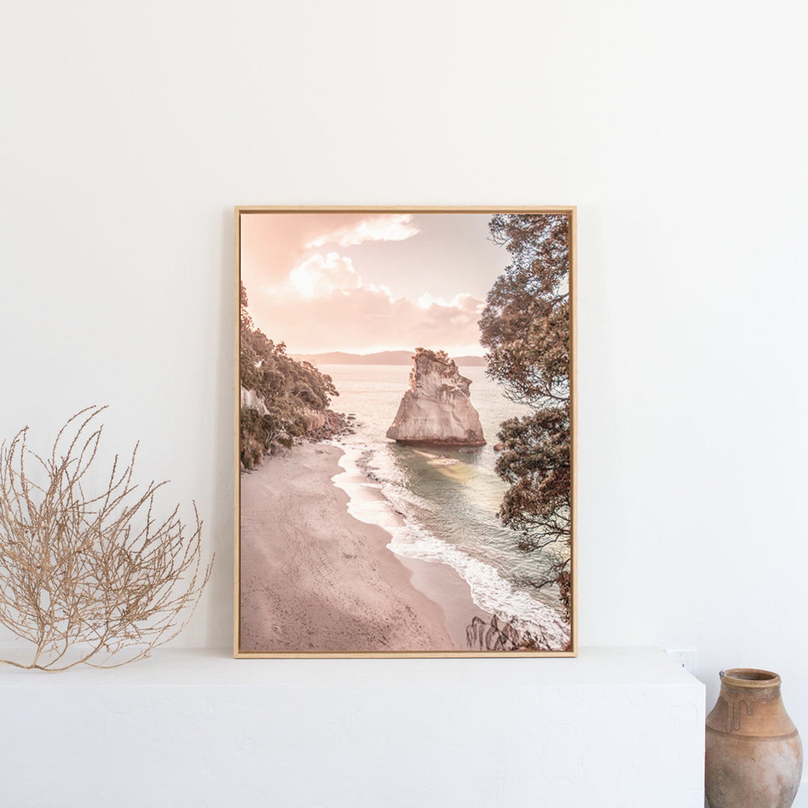 New Zealand Sea Stack at Sunset in Soft Blush Pink Tones Poster - Image 3
