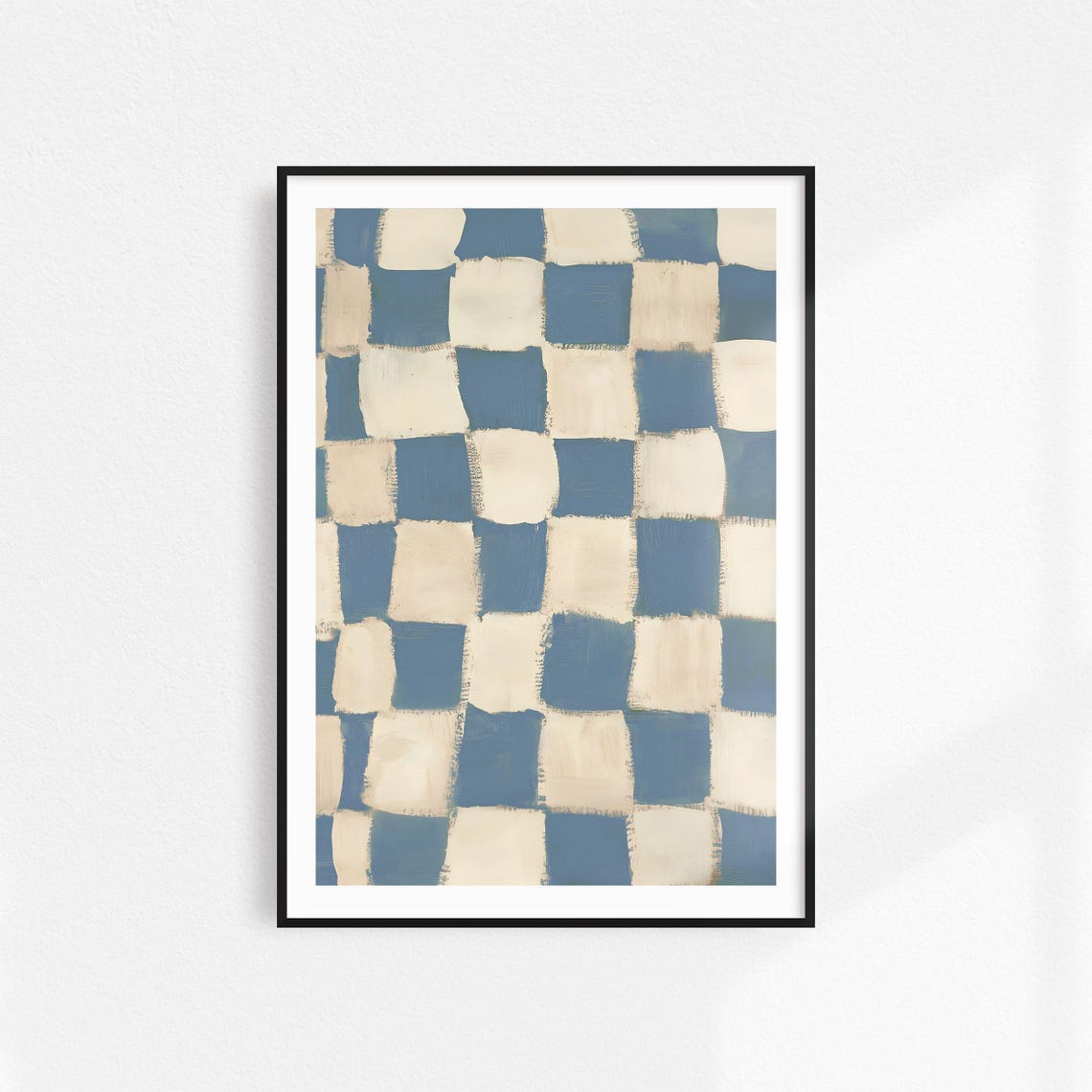 Hand Painted Blue White Checkered Modern Abstract Art Poster