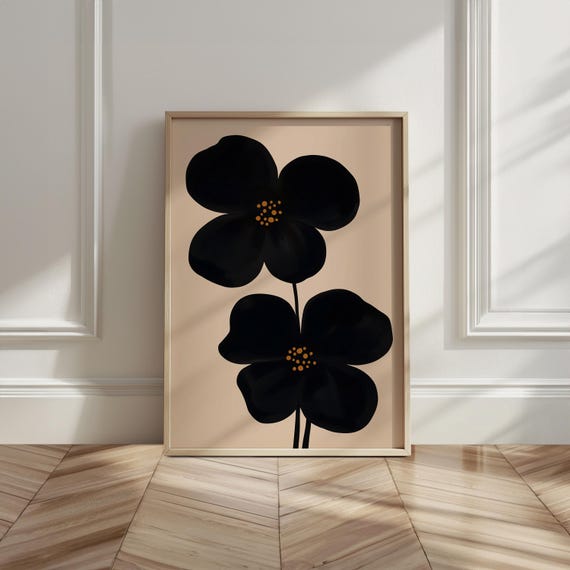 Moody Wall Art Black Floral Print Oversized Flower Print Abstract Mid Century Physical Poster Minimal Japandi Black Beige Flower Print