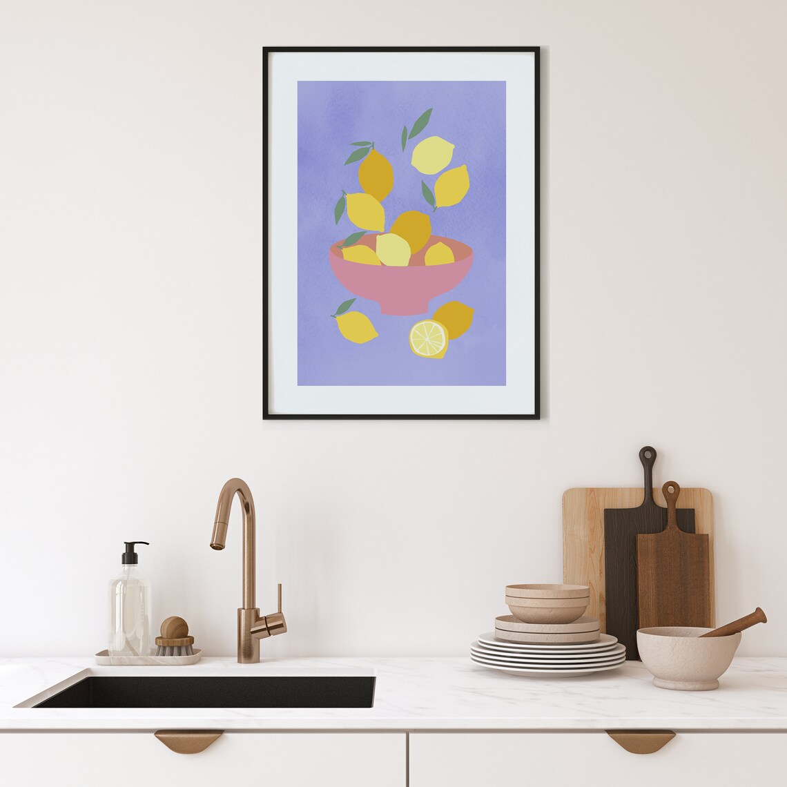 Pink Bowl Of Lemons On Lavender Watercolor Kitchen Art Poster - Image 2