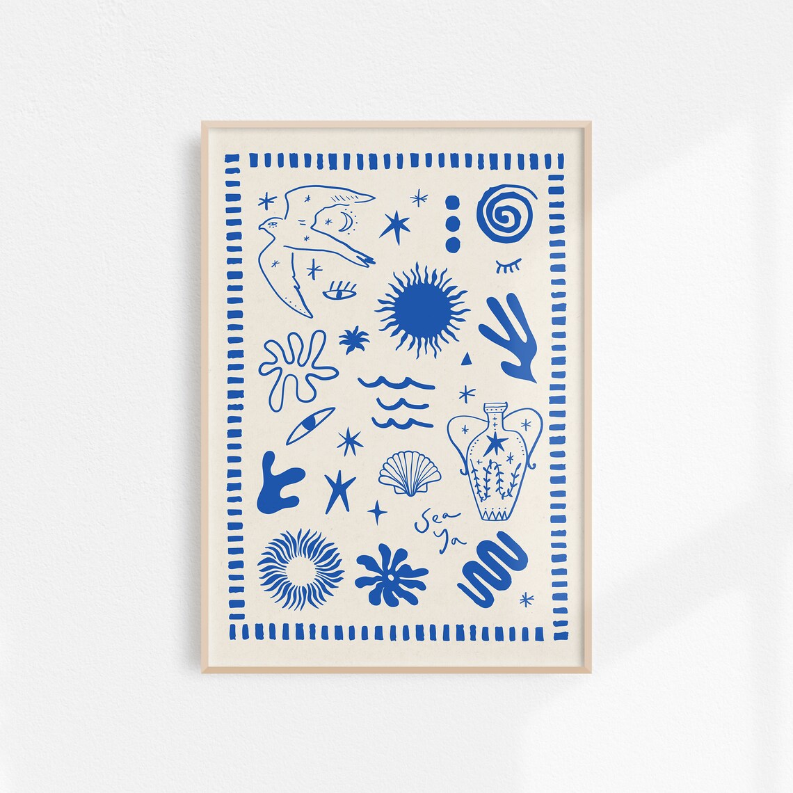 Mediterranean Greece Travel Poster, Blue Doodle Sketch
