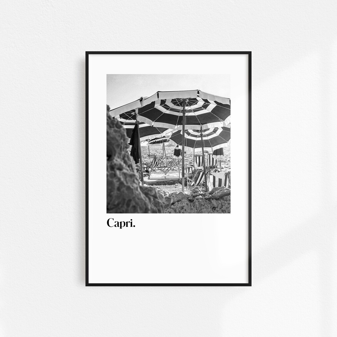 Capri Beach Striped Umbrellas Black White Italy Travel Poster