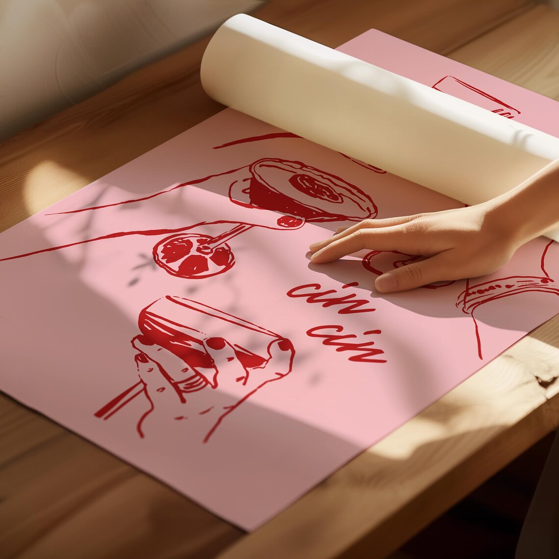 Red Line Art Cin Cin Cocktail Toast Girls Night Illustration Poster - Image 3
