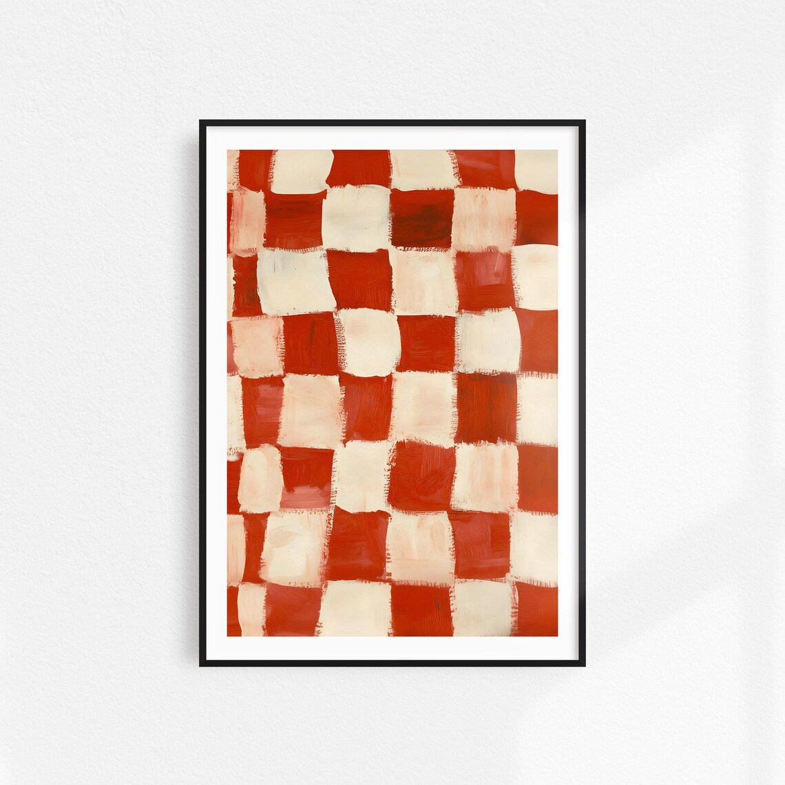 Red Cream Checkered Abstract Brushstroke Painting Modern Wall Art