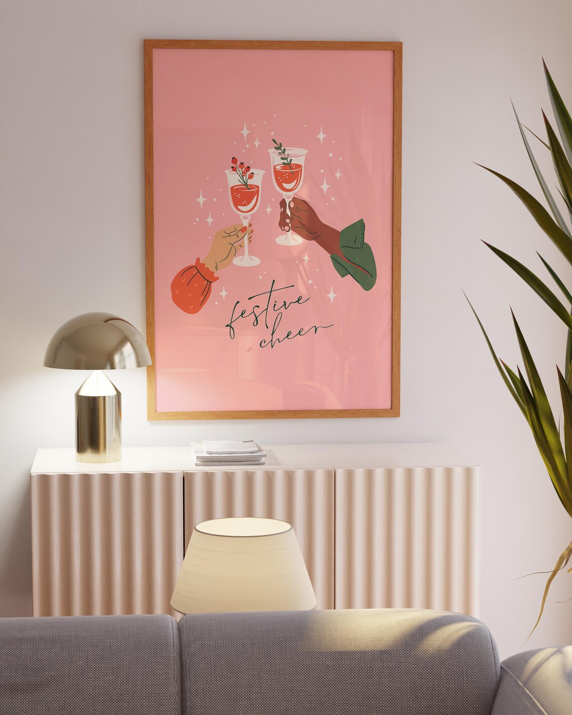 Festive Cheer Toasting Wine Glasses Pink Christmas Bar Poster - Image 3