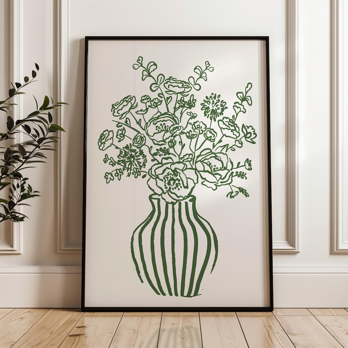 Green Floral Bouquet Striped Vase Line Art Cream Wall Poster - Image 5