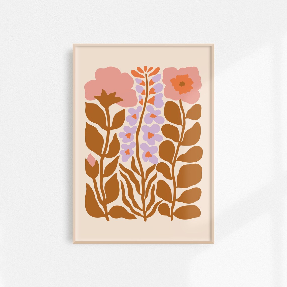 Retro 70s Folk Art Pink Brown Wildflower Illustration Poster