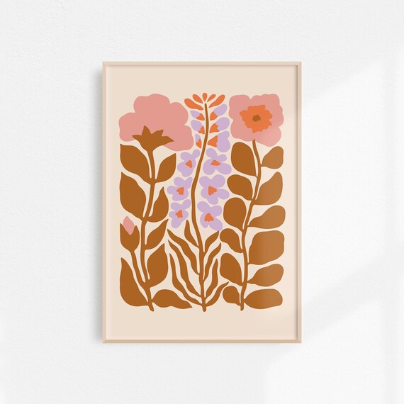 Pink Brown Flower Poster Retro Wall Art Wildflowers Art 70s Folk Floral Wall Art Aesthetic Room Decor Cute Wall Art