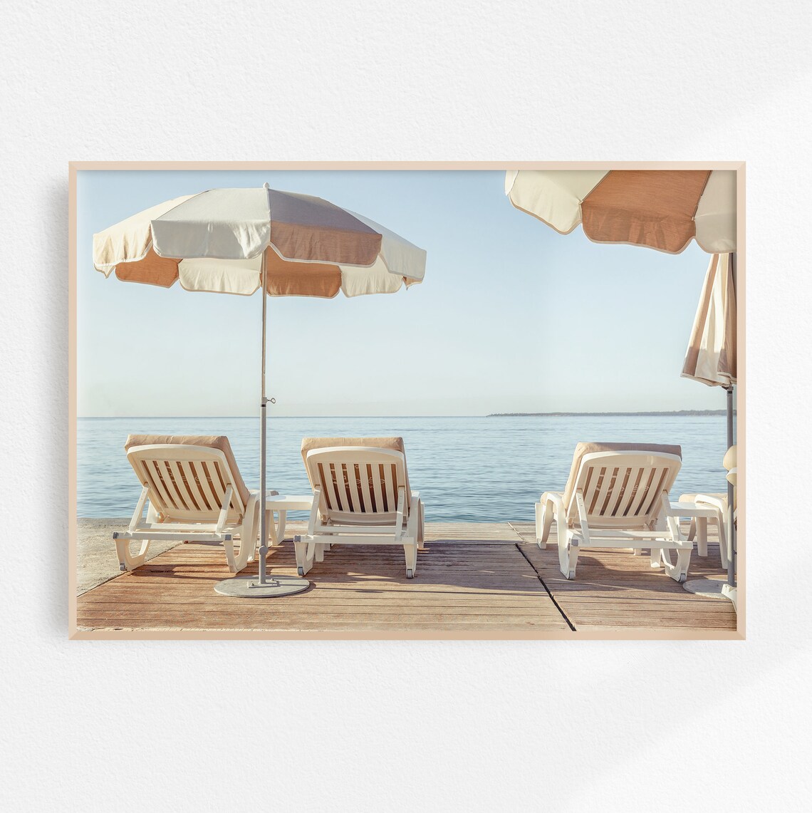 Italy Beach Sun Loungers Striped Umbrellas Wooden Deck Poster