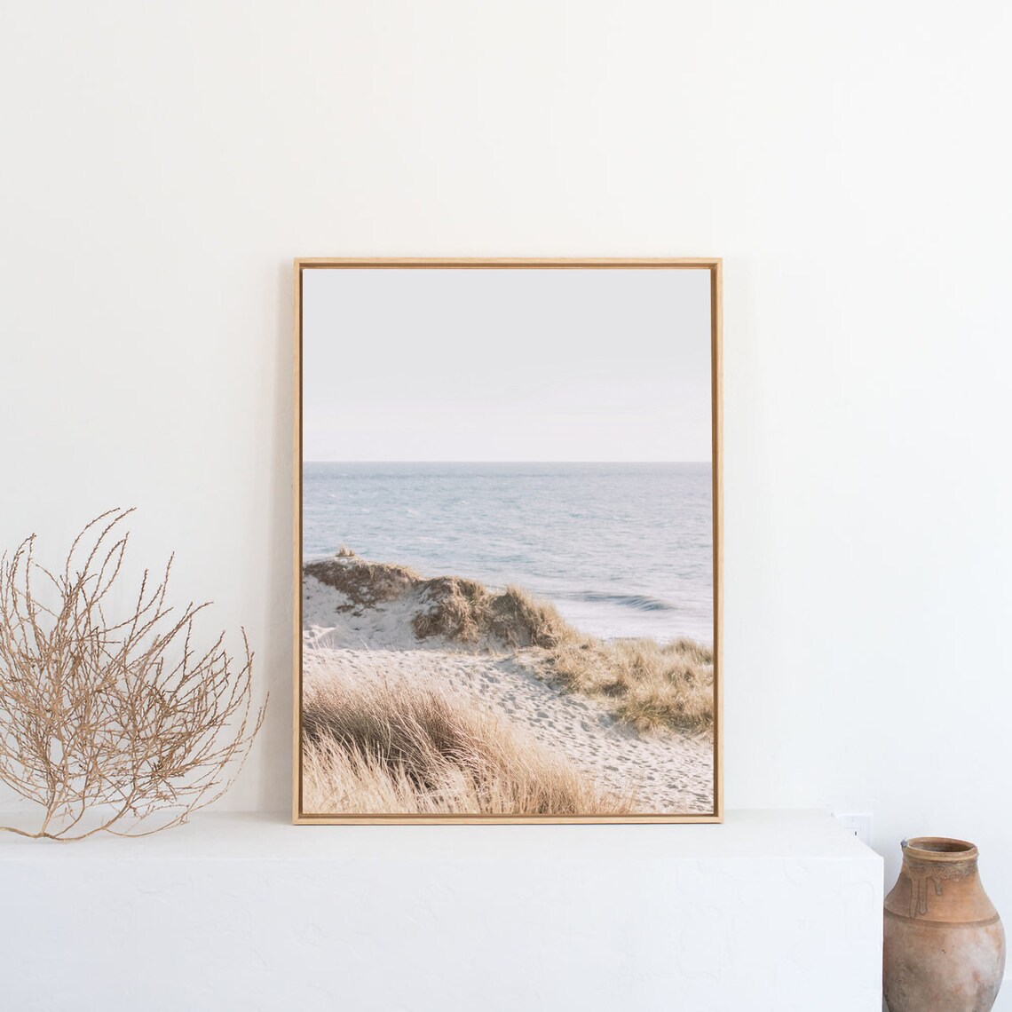 Coastal Sand Dunes Golden Beach Grass Quiet Blue Sea Minimal Art Poster - Image 2