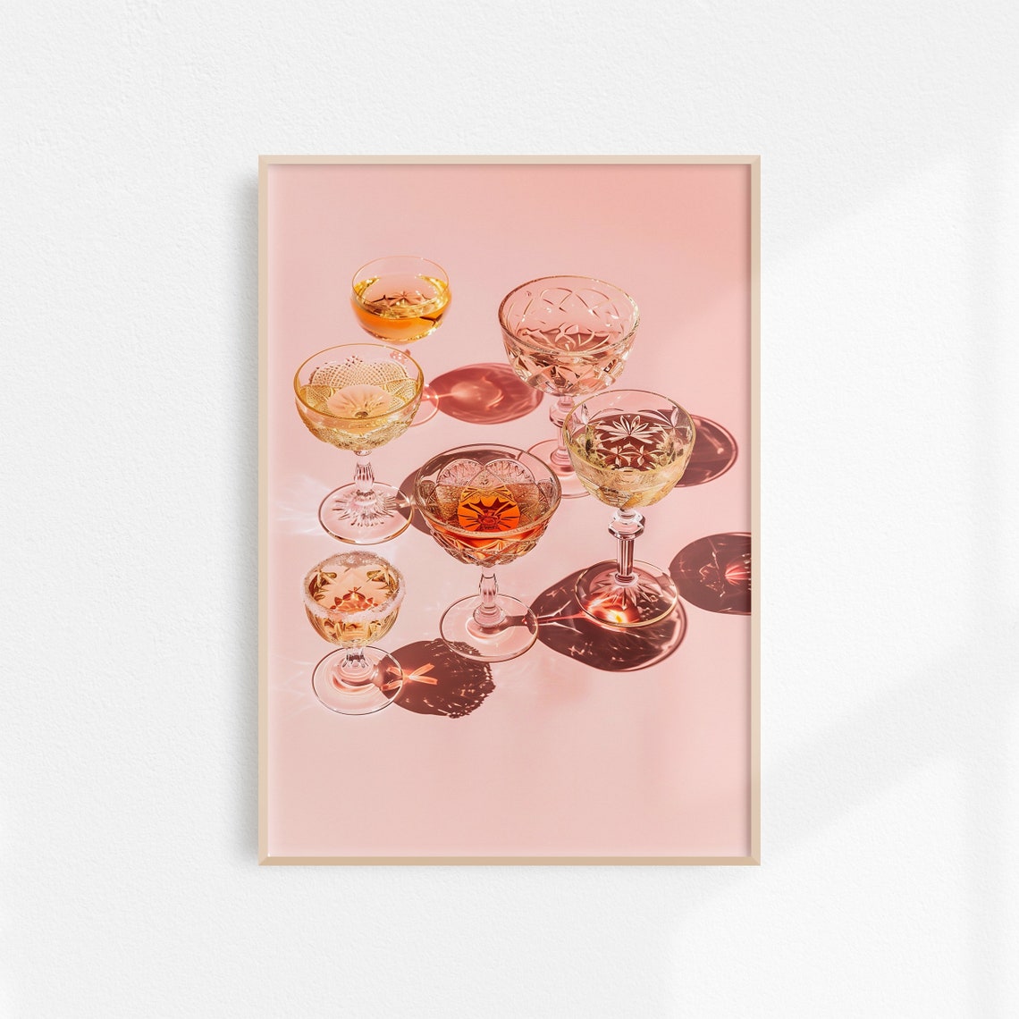Pink Champagne Crystal Coupes Retro Bar Cart Cheers Art Poster