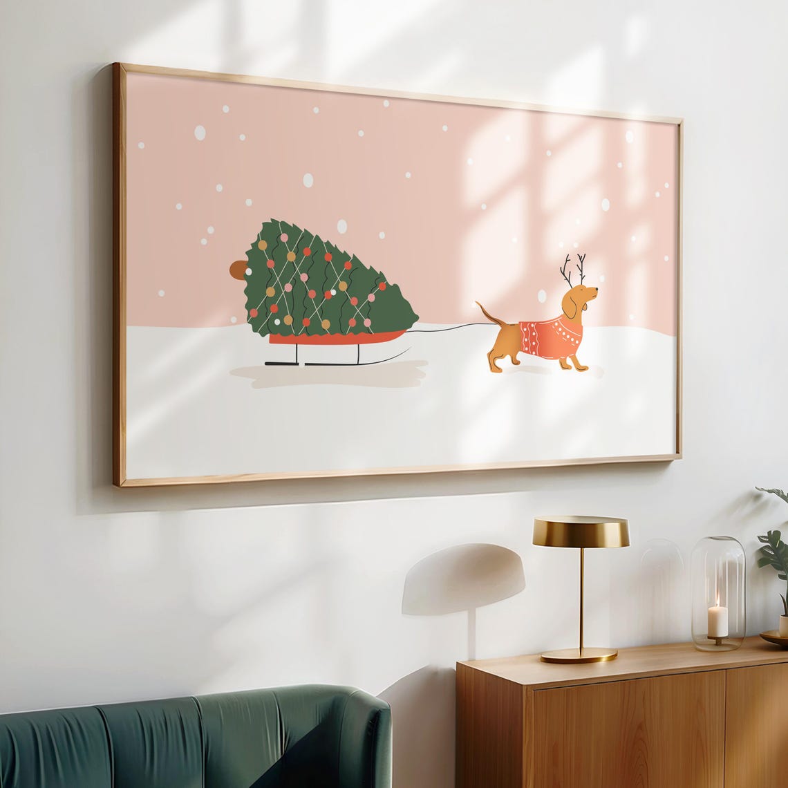 Cute Dachshund Pulling Christmas Tree Sled Holiday Dog Art Poster - Image 3