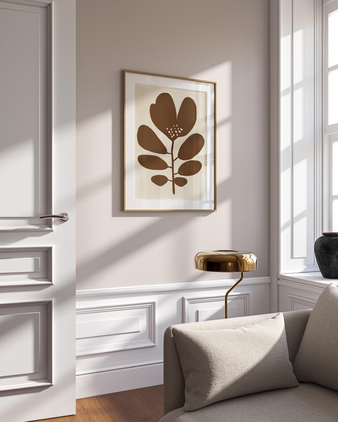 Brown Retro Floral Two Piece Set Cream Beige Abstract Wall Art - Image 2