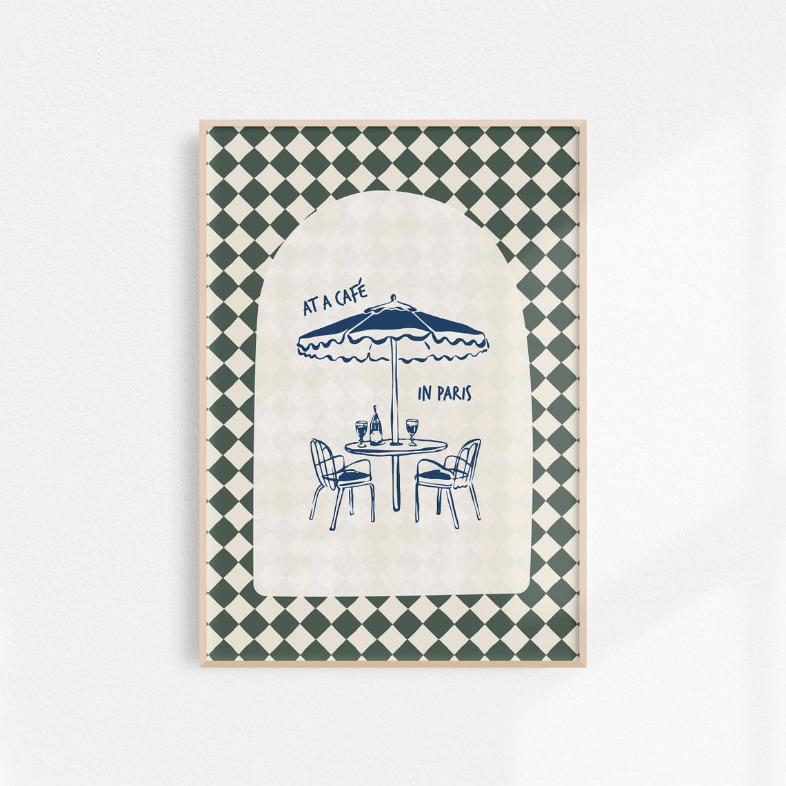 At A Cafe In Paris Green Checkered Bistro Illustration Poster