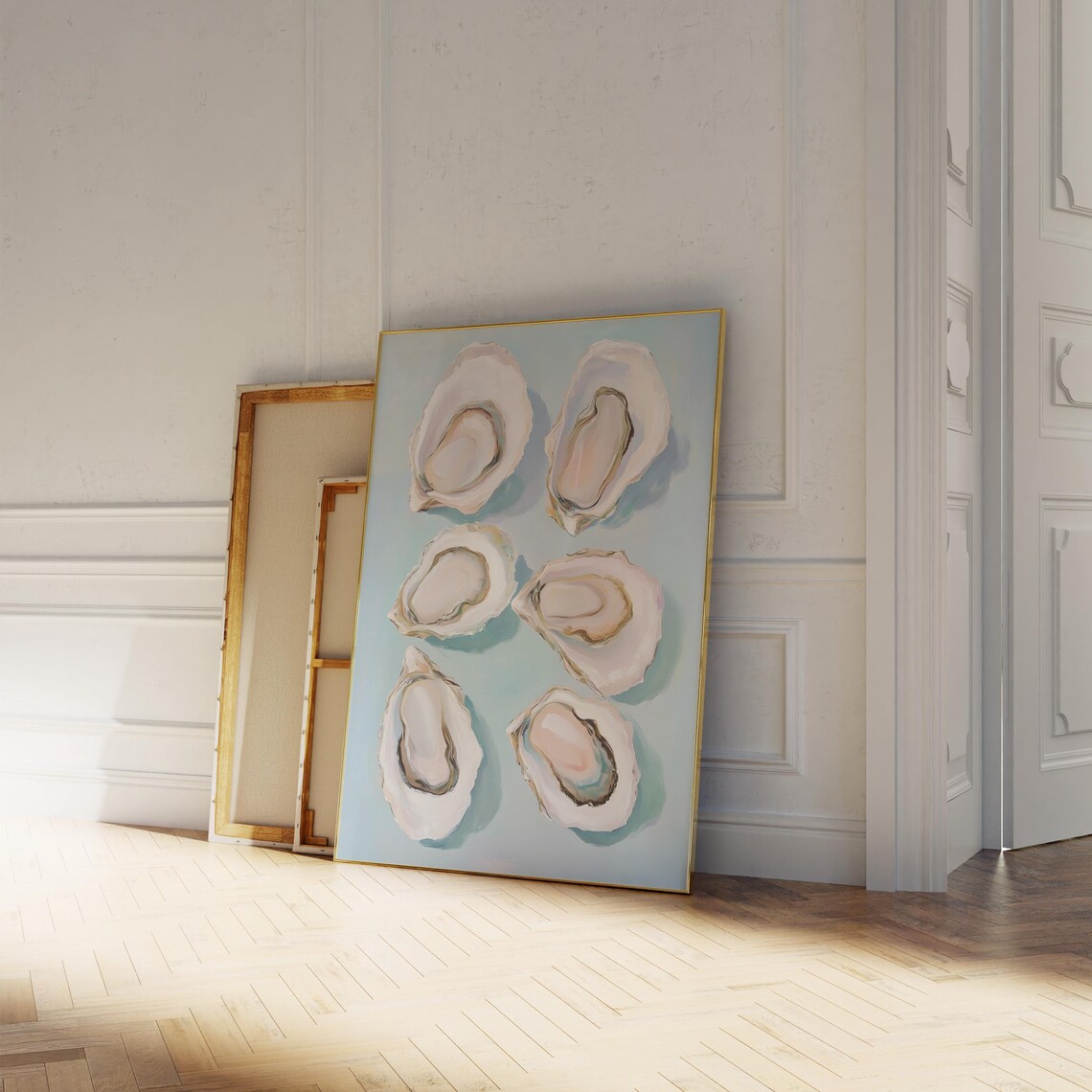 Six Pastel Oyster Shells Painting Blue Kitchen Coastal Poster - Image 5