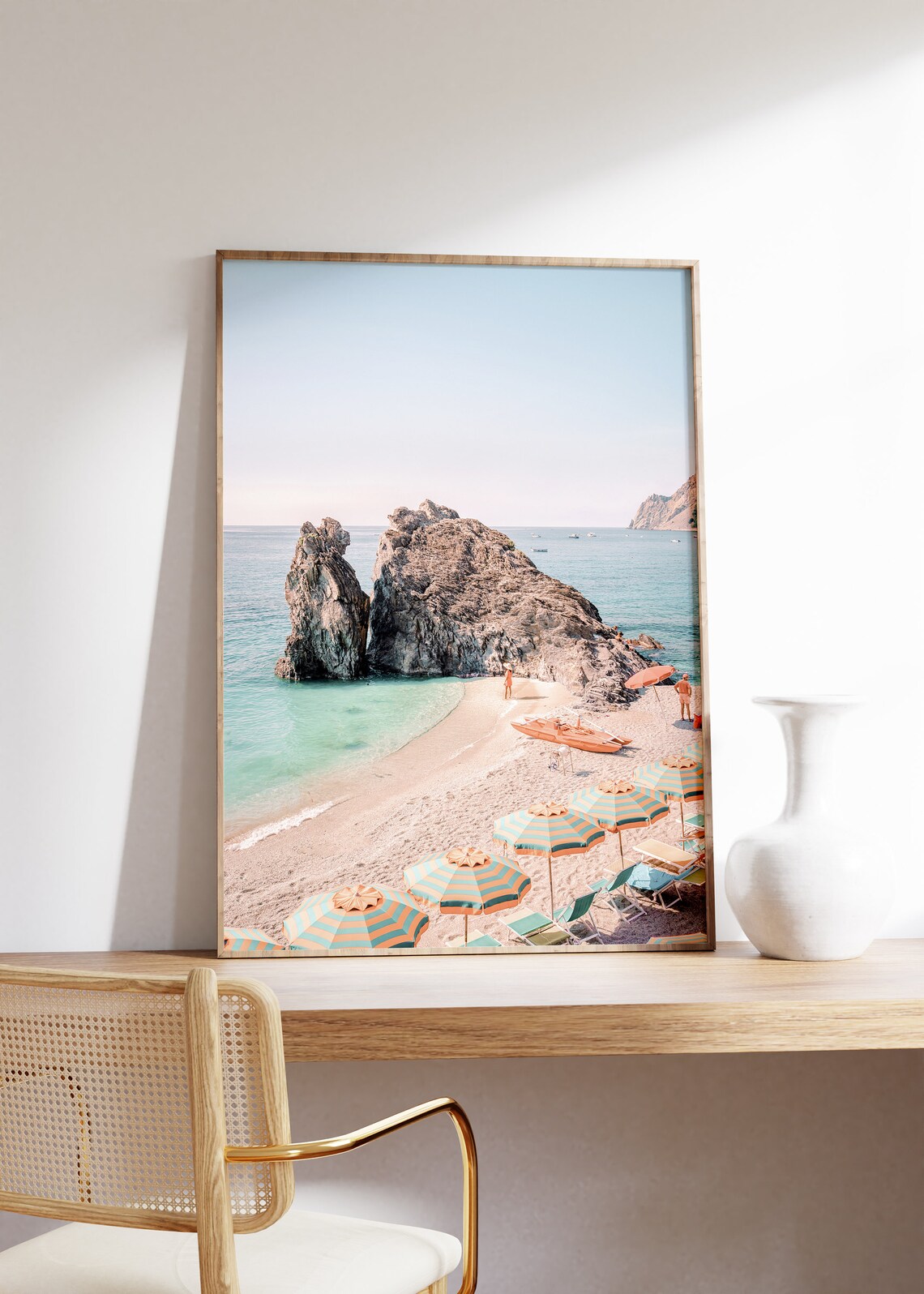 Cinque Terre Beach with Striped Umbrellas and Sea Rocks Poster - Image 2