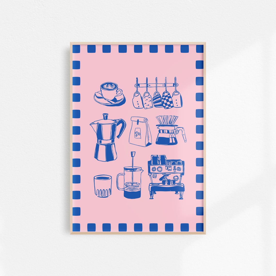 Blue Coffee Icons on Pink Checkered Border Kitchen Art Poster - Image 3