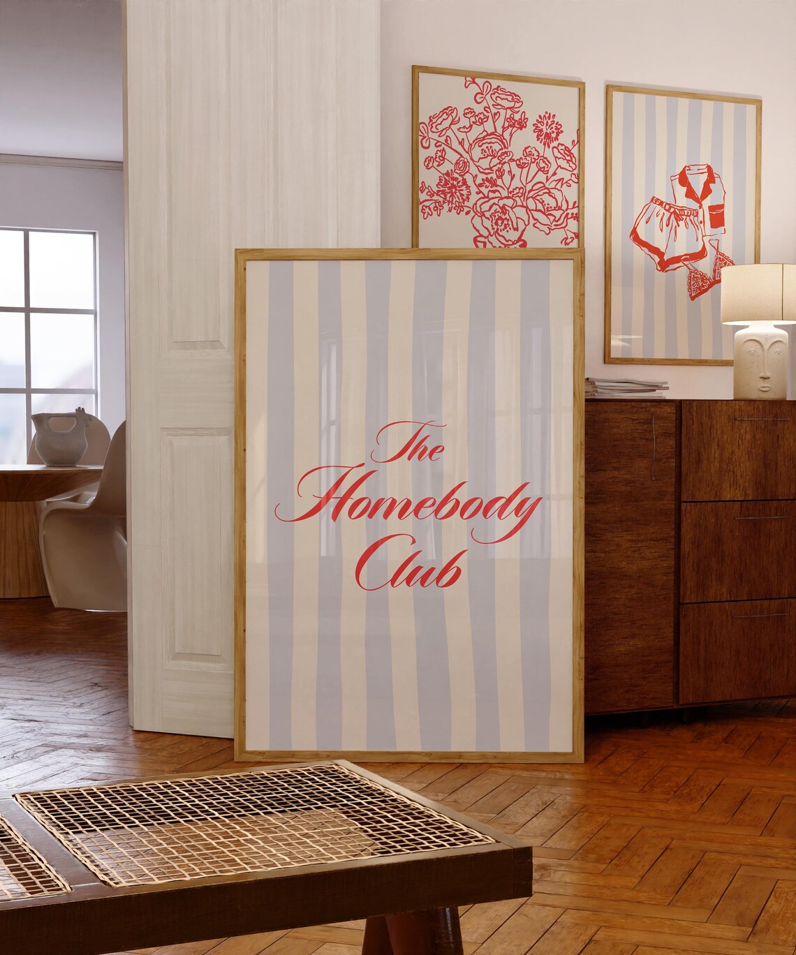 Cozy The Homebody Club Script on Blue Stripes Bedroom Art Poster - Image 3