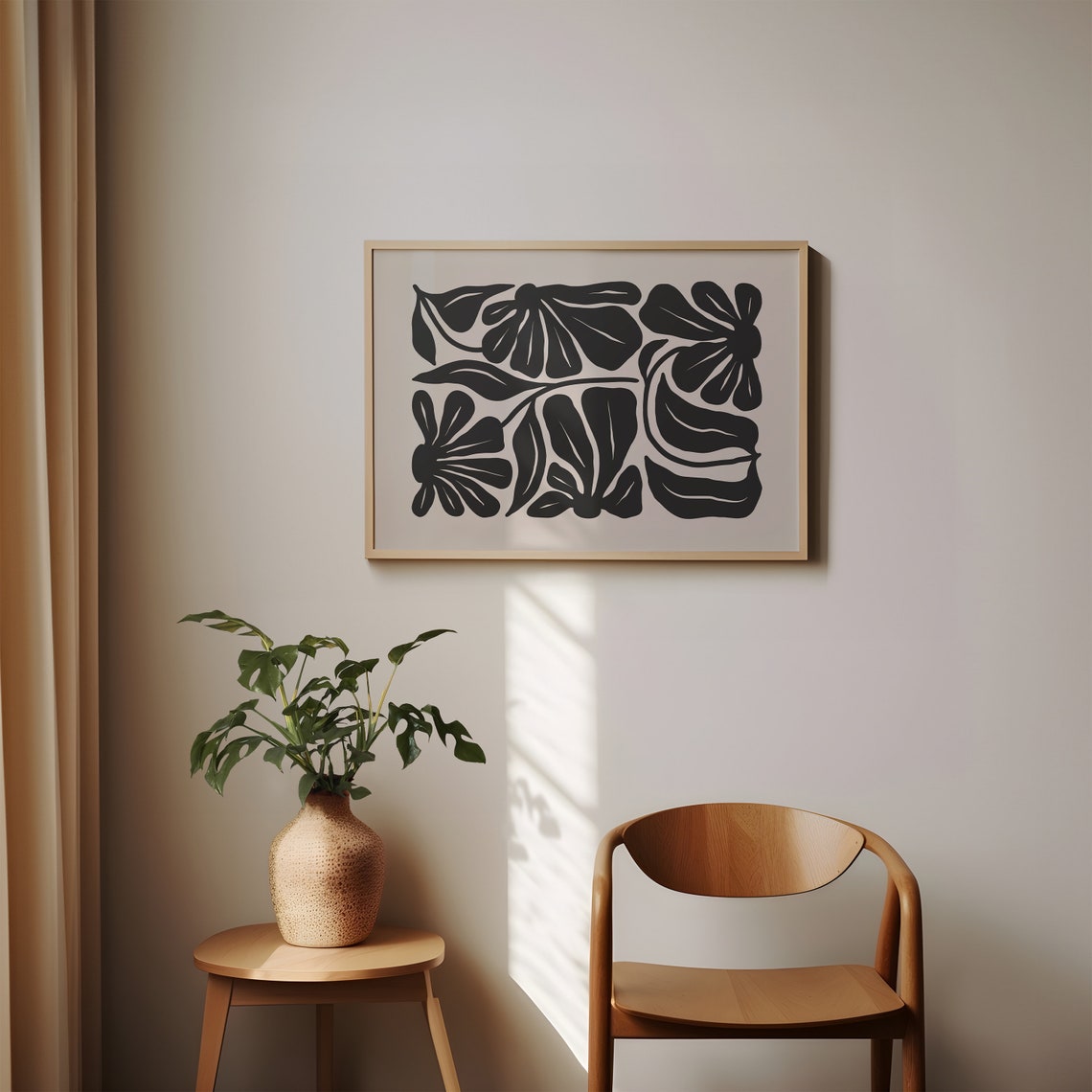 Black Retro Flowers On Beige Horizontal 70s Botanical Art Poster - Image 2