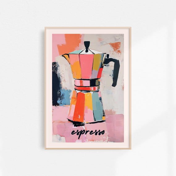 Moka Pot Art Coffee Art Espresso Wall Art Abstract Kitchen Painting Retro Kitchen Decor Coffee Poster Colorful Kitchen Print