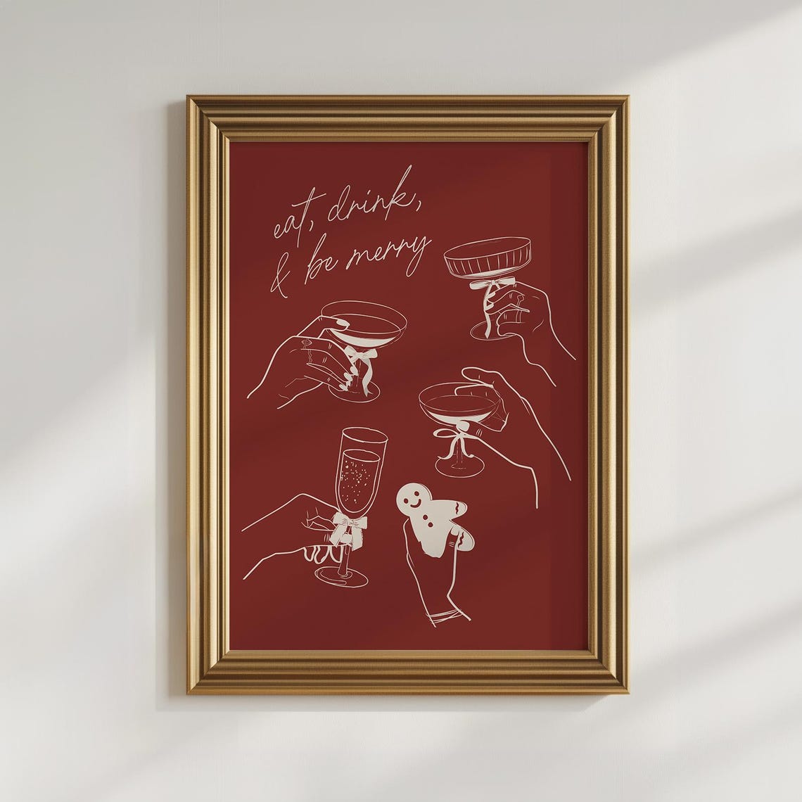 Eat Drink Be Merry Red Cocktail Line Art Christmas Cheer Wall Art