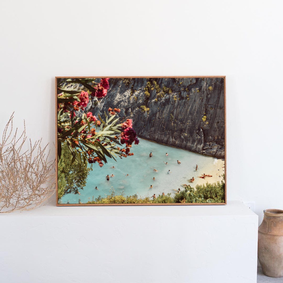 Greek Island Cove with Swimmers Under Cliffs and Flowers Poster - Image 3
