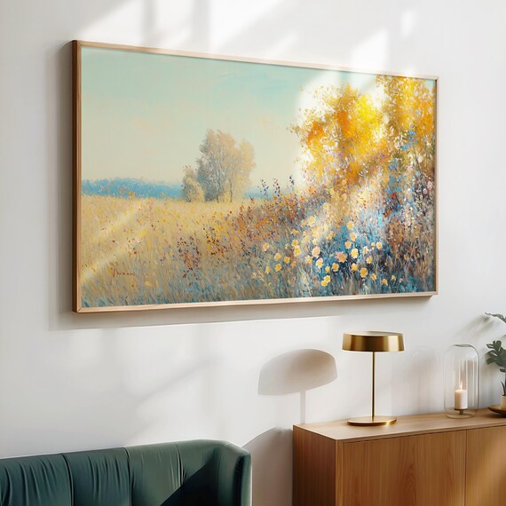 Bright Impressionist Wildflower Meadow Golden Blue Painting Poster