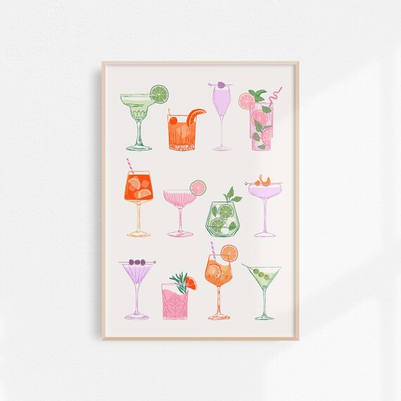 Colorful Cocktail Illustrations Grid Bar Cart Kitchen Decor Poster