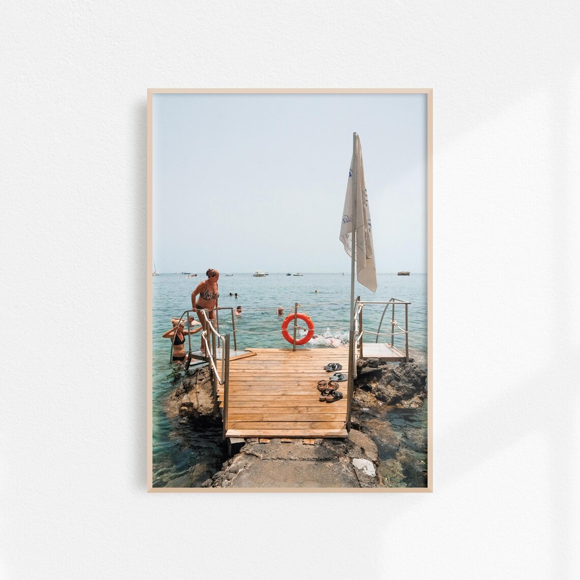 Italian Beach Pier Swimmers Wooden Dock Summer Travel Poster