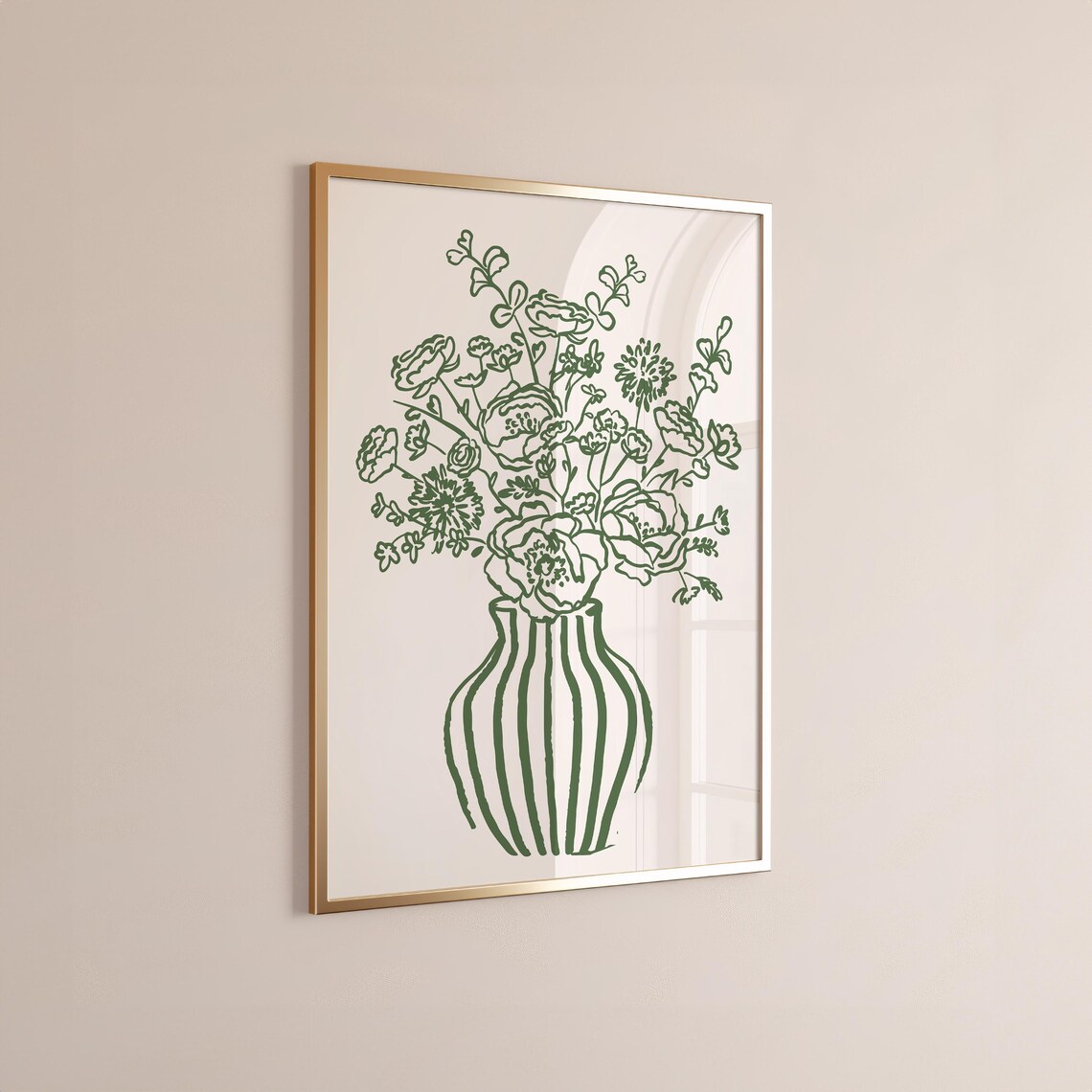 Green Floral Bouquet Striped Vase Line Art Cream Wall Poster - Image 3