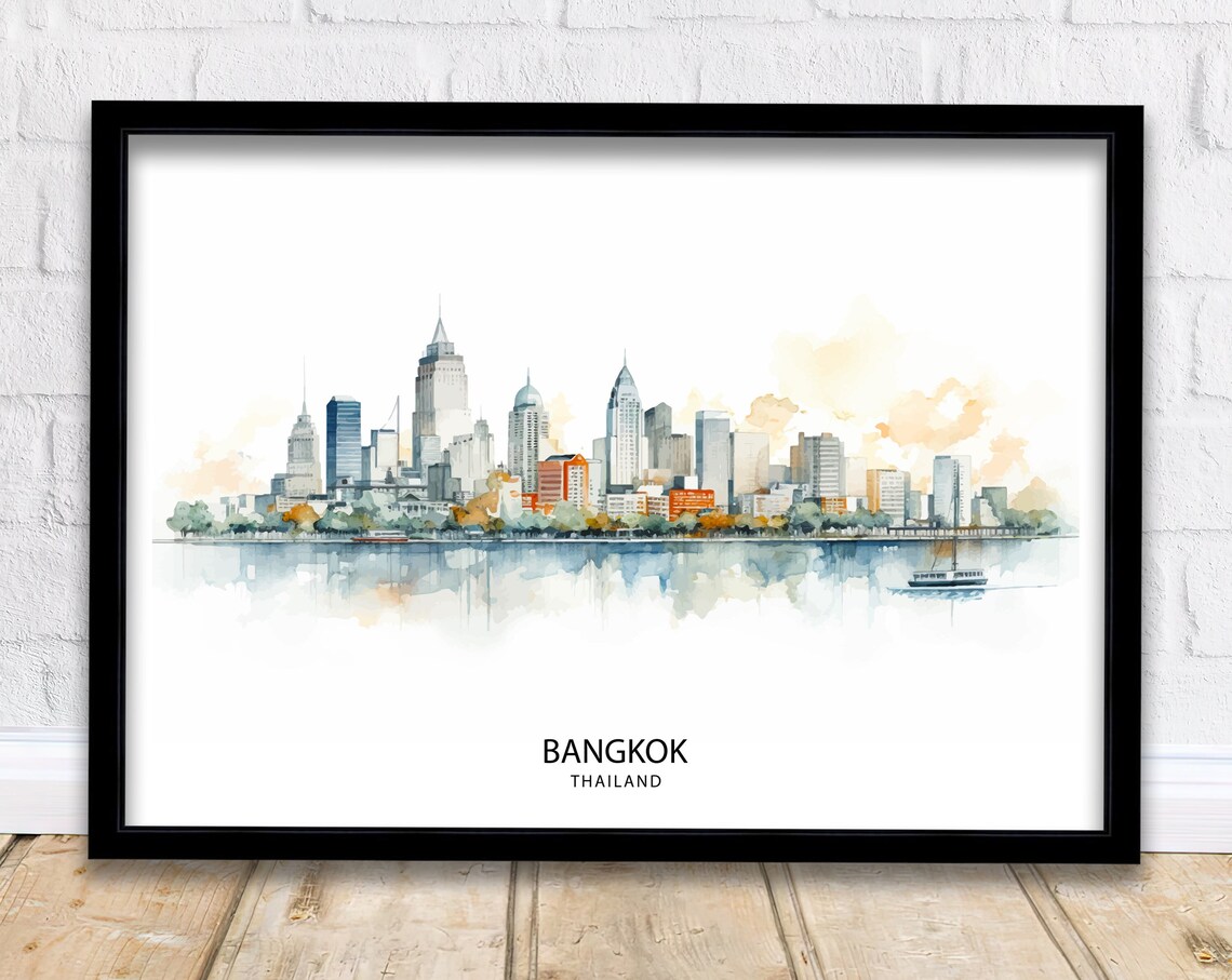 Bangkok Thailand Watercolor City Skyline Minimalist Wall Art