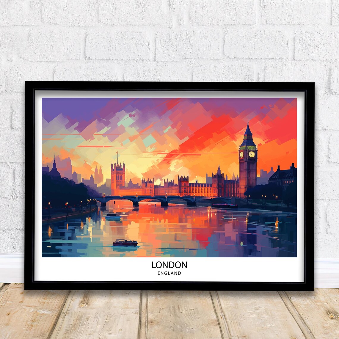 London England Sunset Thames Vintage Style Travel Poster Skyline Wall Decor