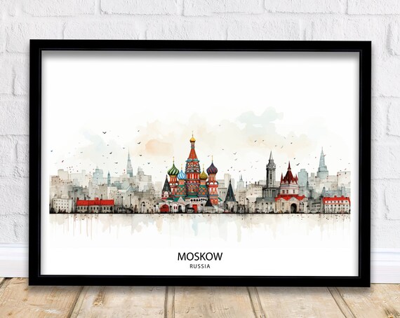 Moscow Russia Watercolor Skyline St Basil Cathedral Travel Poster