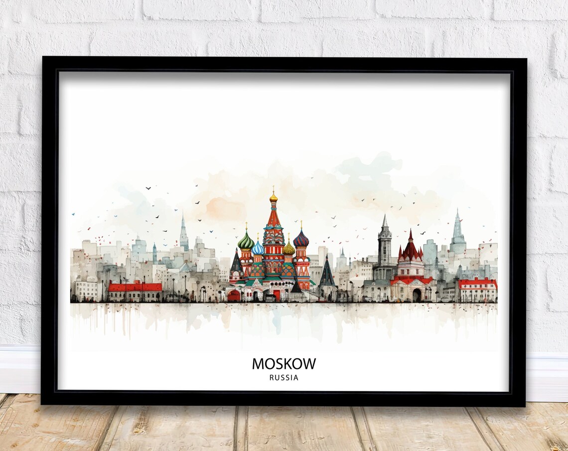 Moscow Russia Watercolor Skyline St Basil Cathedral Travel Poster